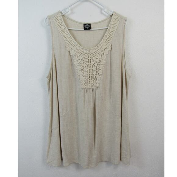 Cal Style XL Linen Blend Crochet Scooop Neck Tank Top Cream Oatmeal Bohemian - Picture 2 of 6